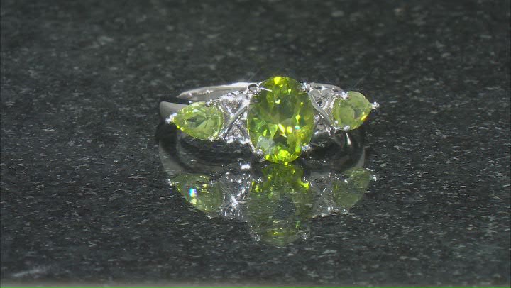 Green Peridot Rhodium Over Sterling Silver 3-Stone Ring 2.39ctw Video Thumbnail