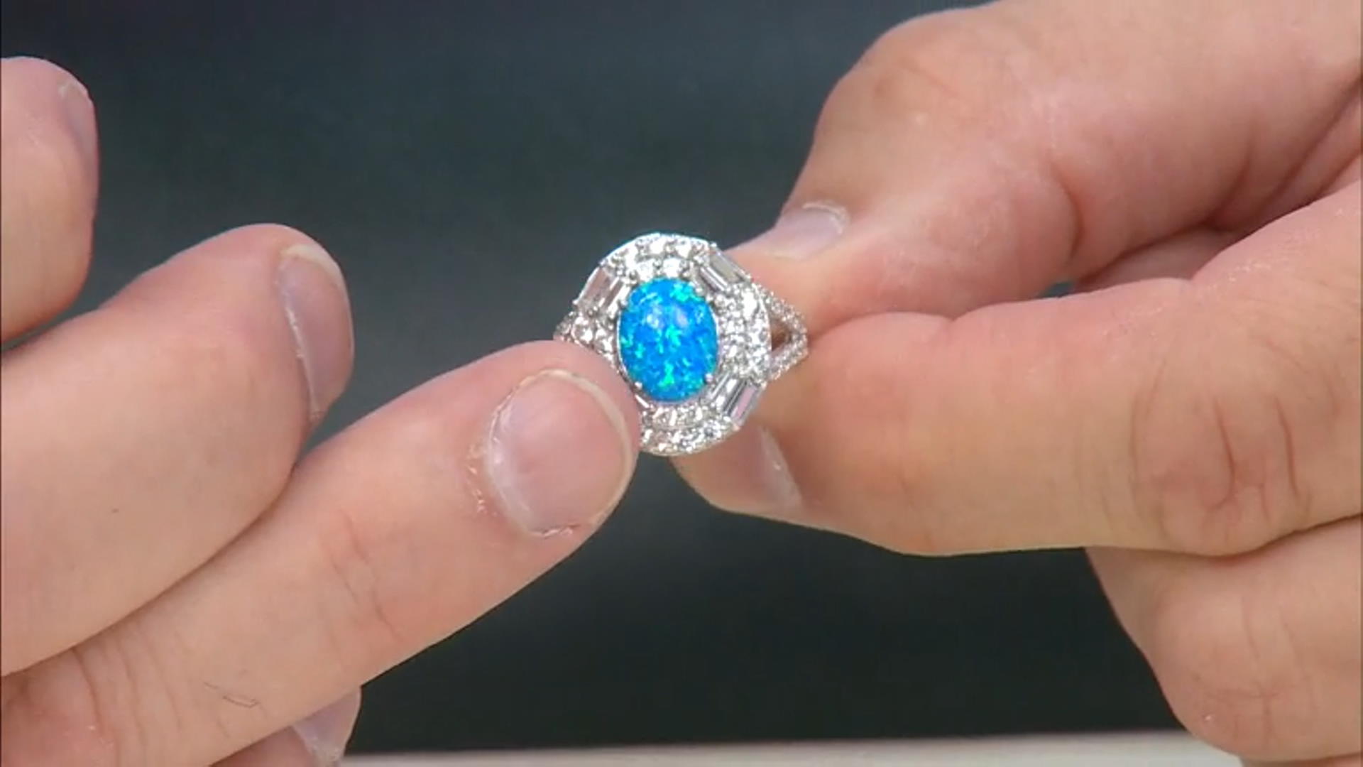 Blue Lab Created Opal Rhodium Over Sterling Silver Ring 1.48ctw Video Thumbnail
