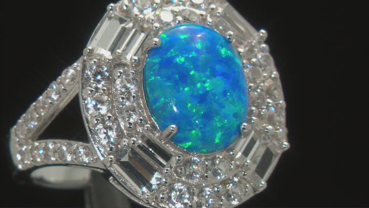 Blue Lab Created Opal Rhodium Over Sterling Silver Ring 1.48ctw Video Thumbnail