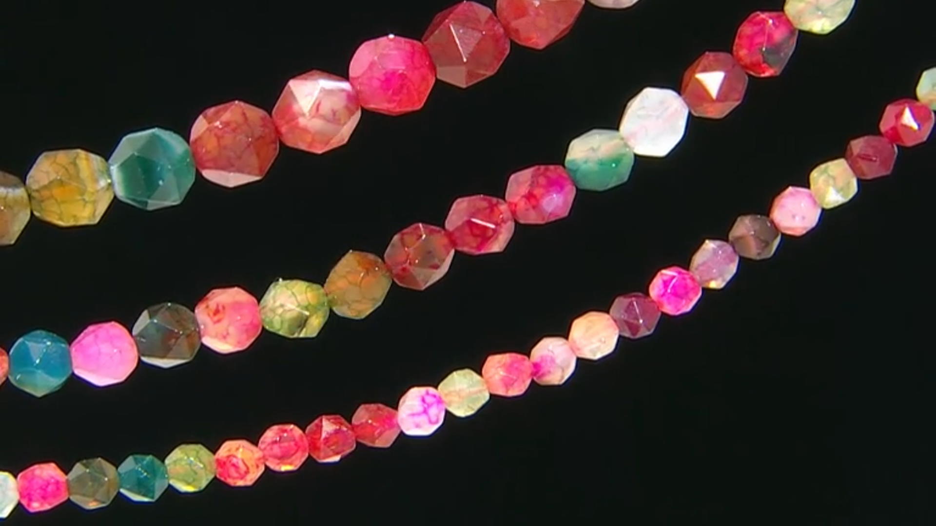 Multi-Color Quench-Crackled Agate Diamond Faceted  Roundish Bead Strand Set of 3 appx 13-14" Video Thumbnail