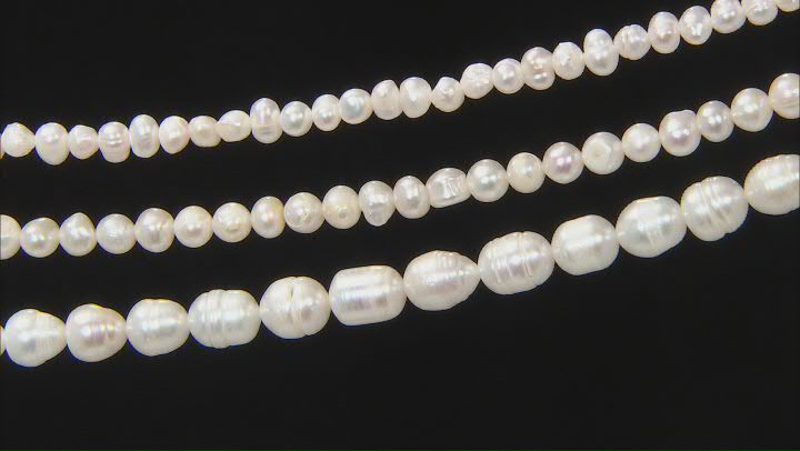 White Cultured Freshwater Pearl Potato & Rice Shape with Rings Bead Strand Set of 3 appx 13-14" Video Thumbnail