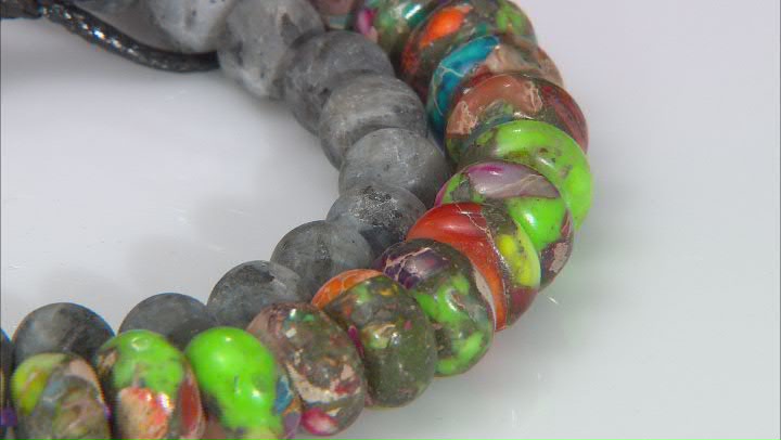 Mardi Gras Stone and Matte Larvakite appx 8-10mm Rondelle and Round Large Hole Bead Strand Set of 2 Video Thumbnail