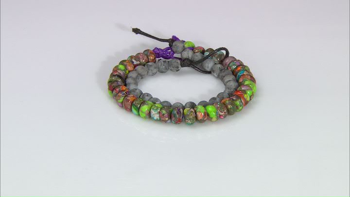 Mardi Gras Stone and Matte Larvakite appx 8-10mm Rondelle and Round Large Hole Bead Strand Set of 2 Video Thumbnail