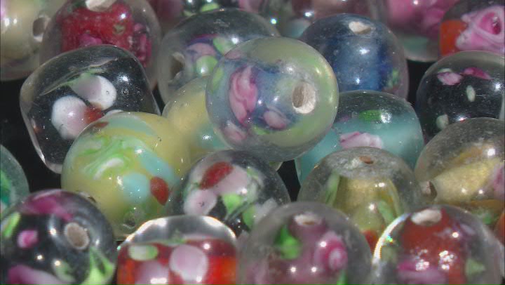Lampwork Hand Made Glass Barrel Shaped Floral Beads with appx 1-2mm hole appx 32 Pieces in Total Video Thumbnail