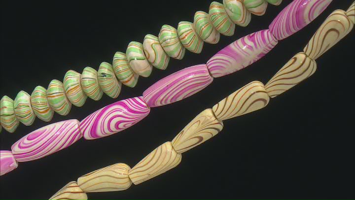 Marbled Painted Wood Strand Set of 3 in Rondelle, Tear-Drop, and Tube Shaped Beads Video Thumbnail