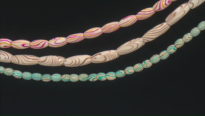 Marbled Painted Wood Strand Set of 3 in Tube Shaped Beads appx 6-23mm Video Thumbnail