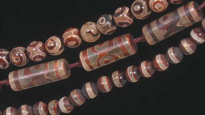 DZI Inspired Agate Round And Cylinder Bead Strand Set of 3 appx 13-16" Video Thumbnail