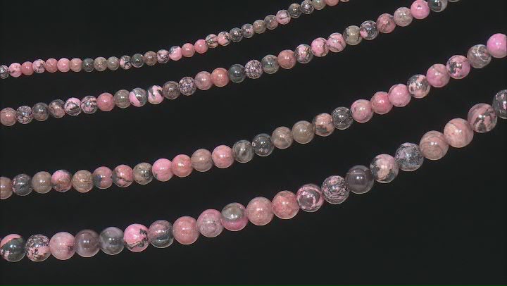 Rhodonite and Rhodonite in Quartz Appx 6-12mm Round Smooth Bead Strand Set of 4 Appx 14-15" Video Thumbnail