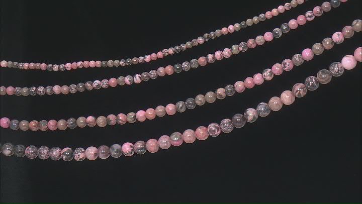 Rhodonite and Rhodonite in Quartz Appx 6-12mm Round Smooth Bead Strand Set of 4 Appx 14-15" Video Thumbnail