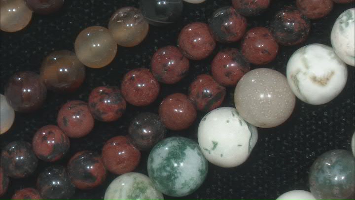 Moss Agate, Obsidian, and Agate Round Bead Strand Set of 6 Video Thumbnail