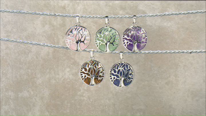 Tree Of Life Gemstone Pendant Set/5 in Silver Tone With Assorted Stones Video Thumbnail