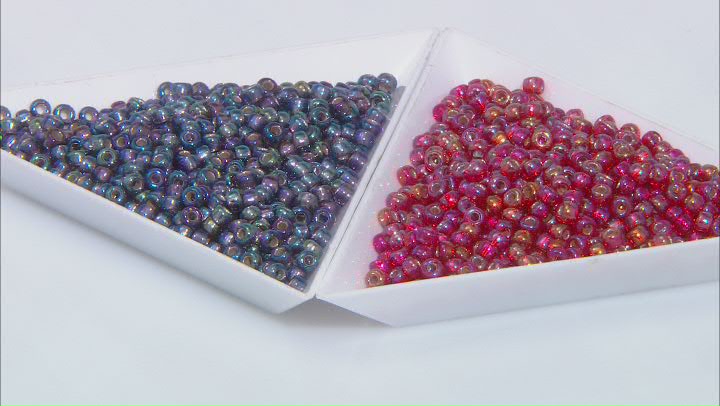 8/0 Glass Seed Beads in S/L Flame Red Ab & S/L Amethyst Ab Color Video Thumbnail