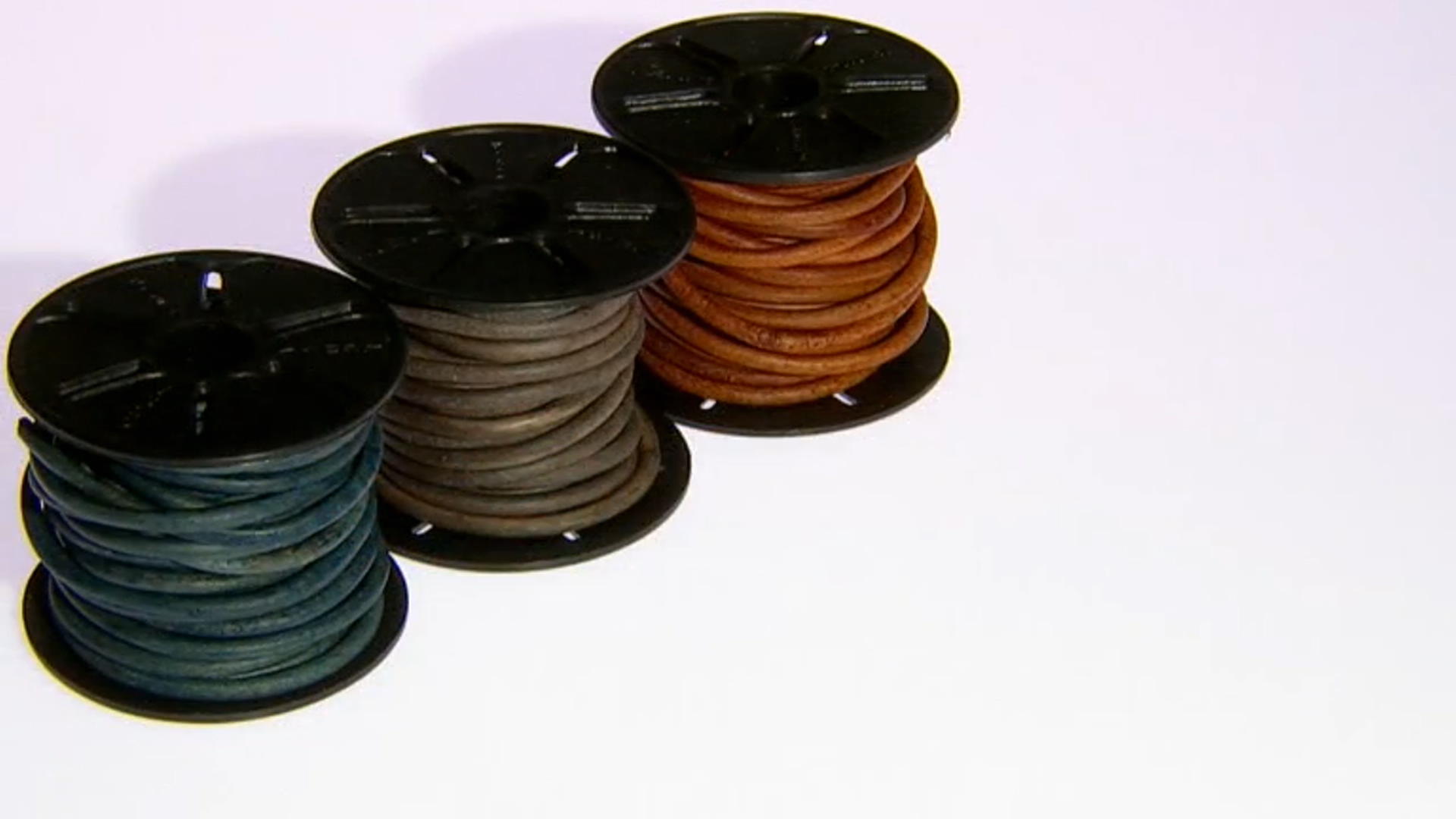Round Leather Cord Appx 4mm Set of 3 in Natural Light Brown, Natural Blue, and Natural Gray Appx 15M Video Thumbnail