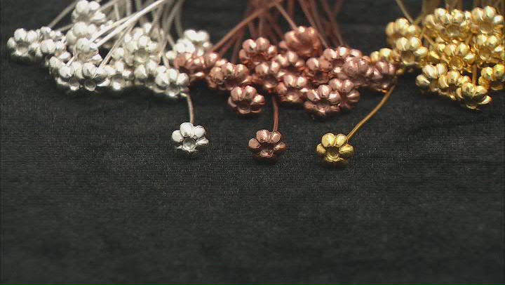 Flower Shaped Headpins appx 7mm and appx 2" in length in Silver, Gold & Rose Gold Tones 300 Pieces Video Thumbnail