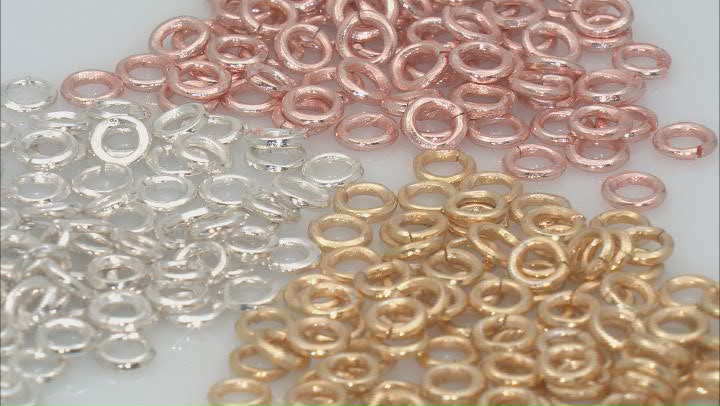 Hammered Design Jump Rings Appx 4mm in Silver Tone, Gold Tone, and Rose Tone Appx 300 Pieces Total Video Thumbnail
