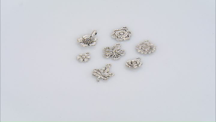 Antiqued Silver Tone Dangle Charms with Bail in 7 Flower Styles appx 140 Pieces Total Video Thumbnail