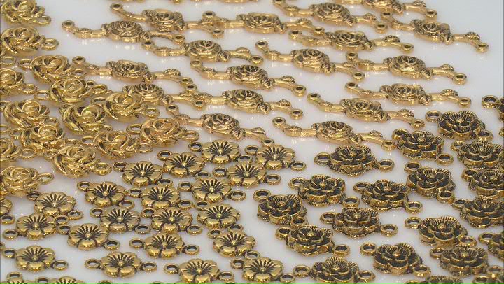 Flower Style Connectors in Antiqued Gold Tone Total of 110 Pieces in Assorted Shapes & Sizes Video Thumbnail