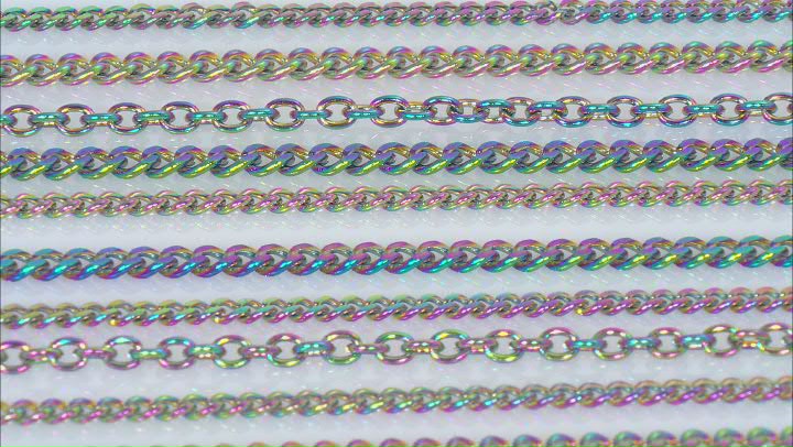 Rainbow Titanium over Stainless Steel Finished Chain Set of 10 Chains in Assorted Styles & Sizes Video Thumbnail