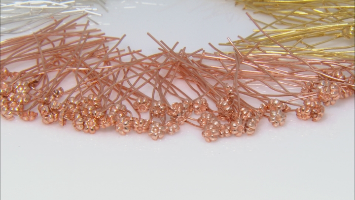 Flower Headpins appx 5mm and appx 2" in length in Silver, Gold & Rose Tone 300 Pieces Total Video Thumbnail