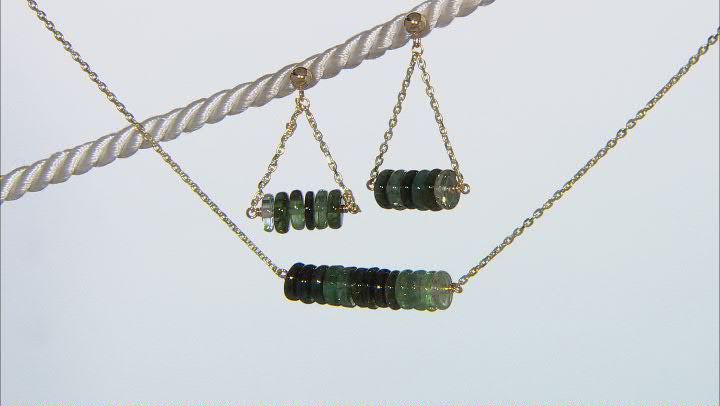 Green Tourmaline Rondelle 14k Gold Cable Chain Bar Necklace and Dangle Earring Set 27ctw Video Thumbnail