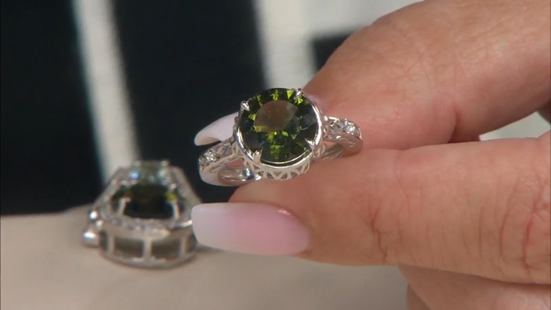 Green Moldavite And White Zircon Rhodium Over Sterling Silver Ring 2.34ctw Video Thumbnail