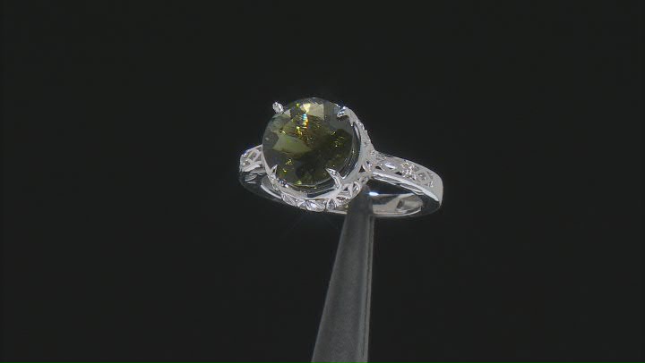 Green Moldavite And White Zircon Rhodium Over Sterling Silver Ring 2.34ctw Video Thumbnail