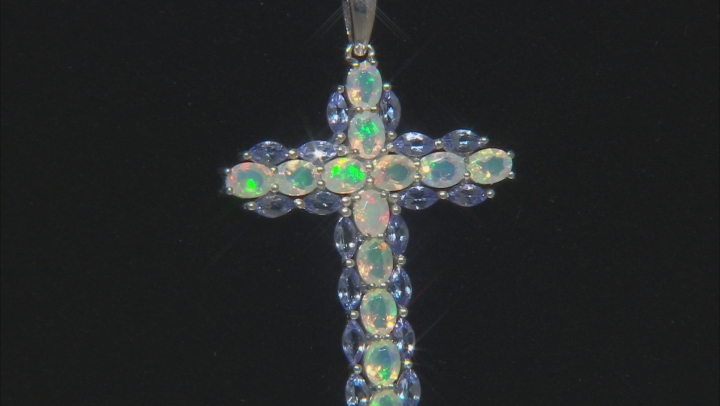 Blue tanzanite rhodium over sterling silver cross pendant with chain 2.55ctw Video Thumbnail