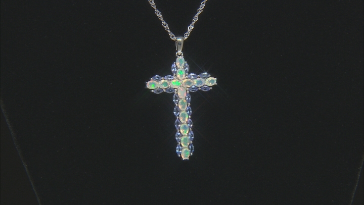 Blue tanzanite rhodium over sterling silver cross pendant with chain 2.55ctw Video Thumbnail