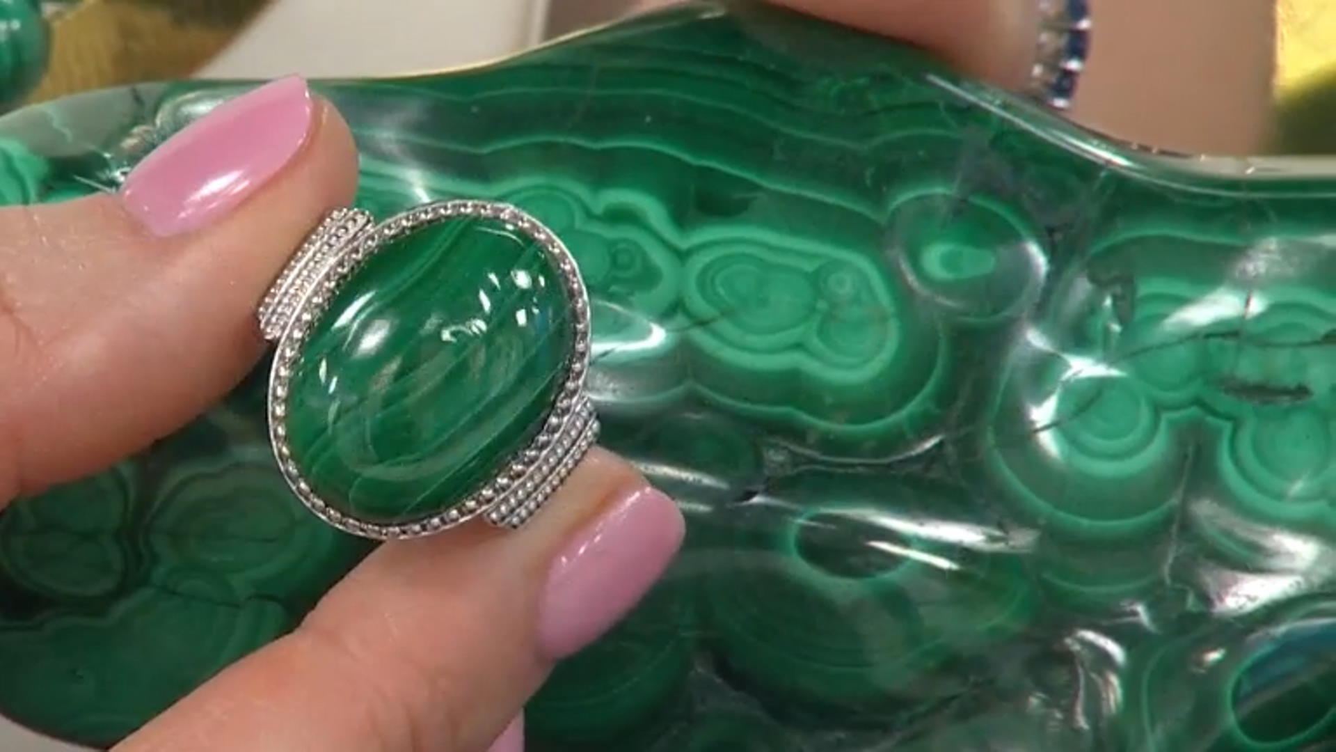 Green malachite rhodium over sterling silver ring Video Thumbnail