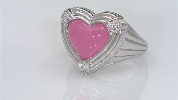 Judith Ripka Pink Jadeite and Cubic Zirconia Rhodium Over Sterling Silver Amour Heart Ring Video Thumbnail