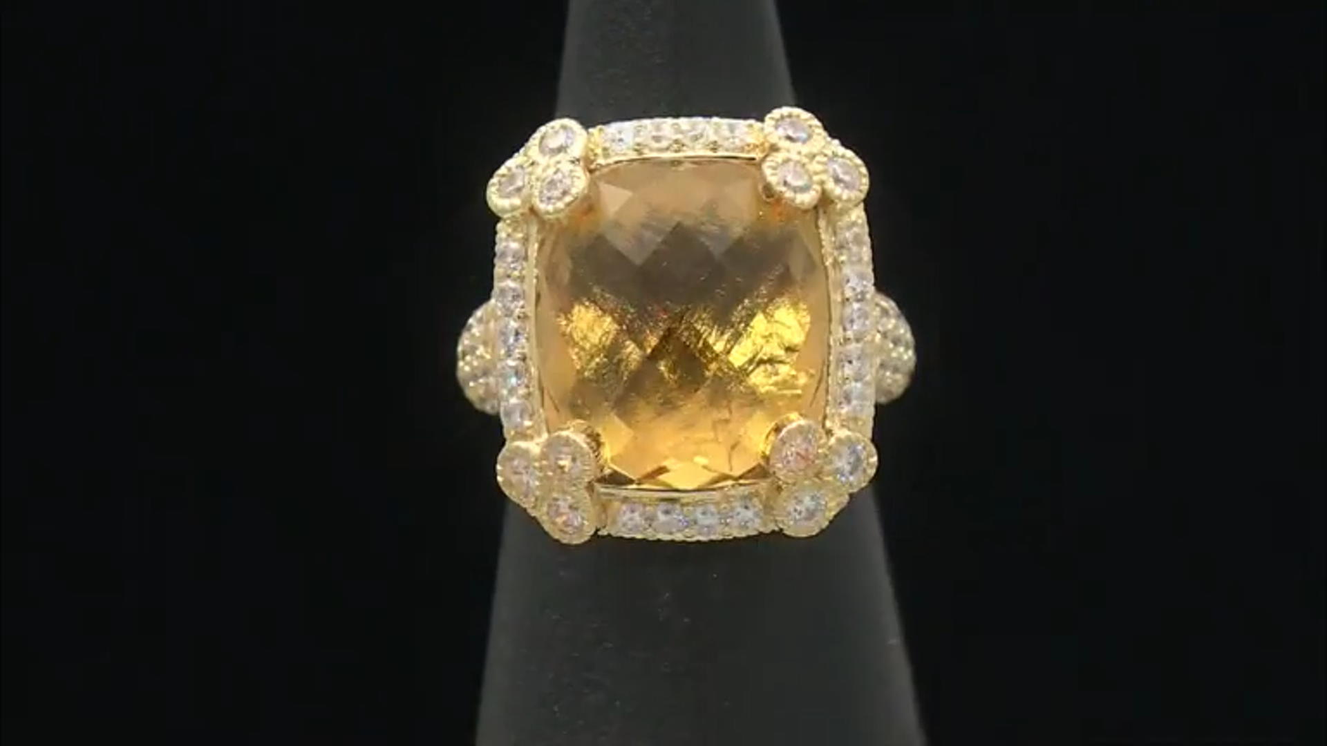 Judith Ripka Champagne Quartz and Cubic Zirconia 14k Gold Clad Monaco Ring 14.35ctw Video Thumbnail