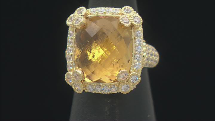 Judith Ripka Champagne Quartz and Cubic Zirconia 14k Gold Clad Monaco Ring 14.35ctw Video Thumbnail