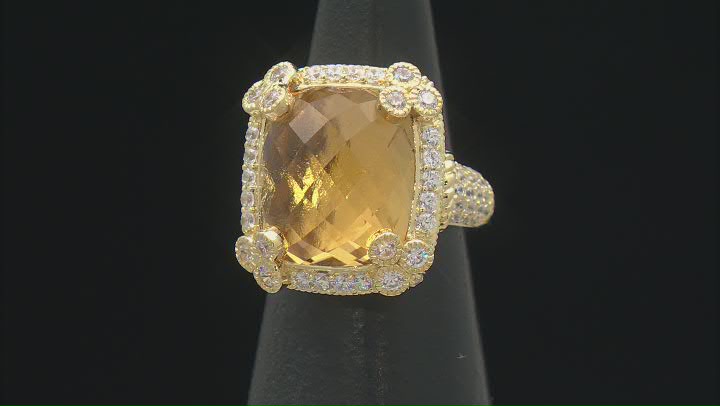 Judith Ripka Champagne Quartz and Cubic Zirconia 14k Gold Clad Monaco Ring 14.35ctw Video Thumbnail