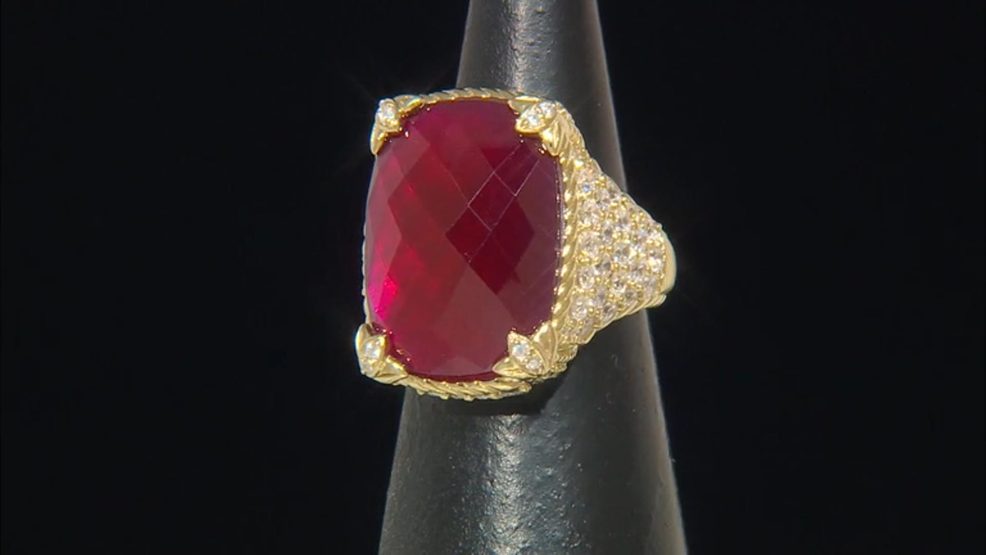 Judith Ripka Lab Ruby, Mother-of-Pearl Doublet with Cubic Zirconia 14k Gold Clad Monaco Ring 3.00ctw Video Thumbnail