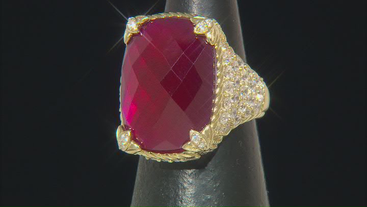 Judith Ripka Lab Created Ruby Doublet with Cubic Zirconia 14k Gold Clad Monaco Ring 3.00ctw Video Thumbnail