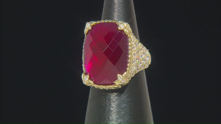 Judith Ripka Lab Ruby, Mother-of-Pearl Doublet with Cubic Zirconia 14k Gold Clad Monaco Ring 3.00ctw Video Thumbnail