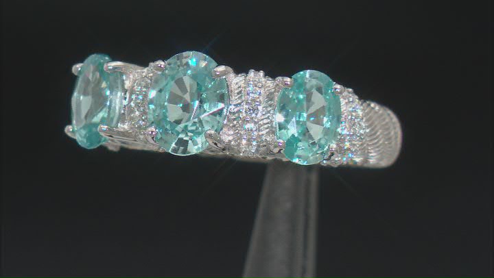 Judith Ripka Blue Zircon With Cubic Zirconia Rhodium Over Silver Imperial 3-Stone Band Ring 3.55ctw Video Thumbnail