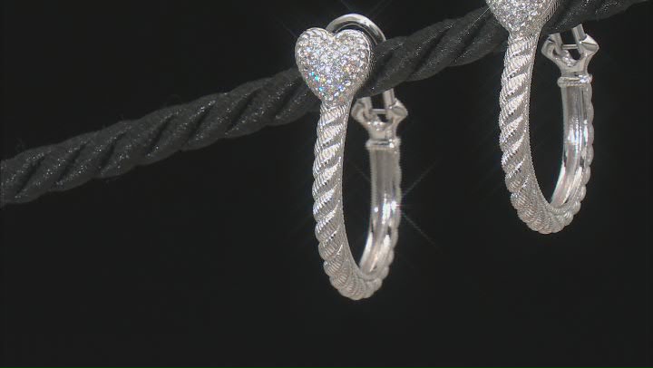 Judith Ripka Cubic Zirconia Rhodium Over Sterling Silver Romance Heart Hoop Earrings 0.54ctw Video Thumbnail