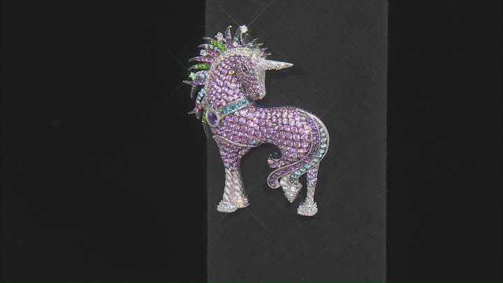 Judith Ripka Cubic Zirconia & Multi-Gemstone Rhodium Over Sterling Silver Uma Unicorn Brooch 9.10ctw Video Thumbnail