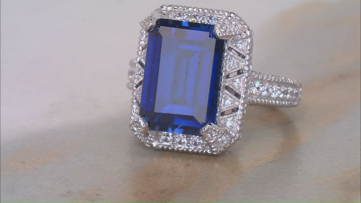 Judith Ripka Blue Lab Created Sapphire With Cubic Zirconia Rhodium Over Silver Estate Ring 8.70ctw Video Thumbnail