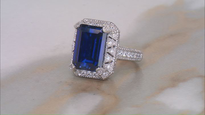 Judith Ripka Blue Lab Created Sapphire With Cubic Zirconia Rhodium Over Silver Estate Ring 8.70ctw Video Thumbnail