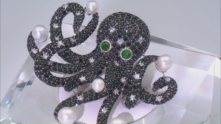 Judith Ripka Black Spinel With Multi-Gemstone Rhodium Over Silver Octavia The Octopus Brooch 8.63ctw Video Thumbnail