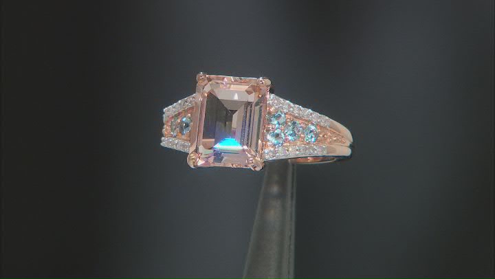Square Octagonal Morganite And Aquamarine With White Diamond Accent 10k Rose Gold Ring 2.82ctw. Video Thumbnail