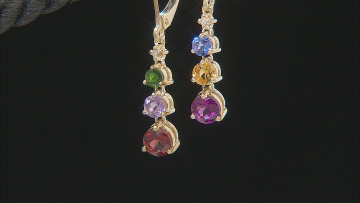 Multi-Gemstones With Round White Diamond Accent 10K Yellow Gold Earrings 1.26ctw Video Thumbnail