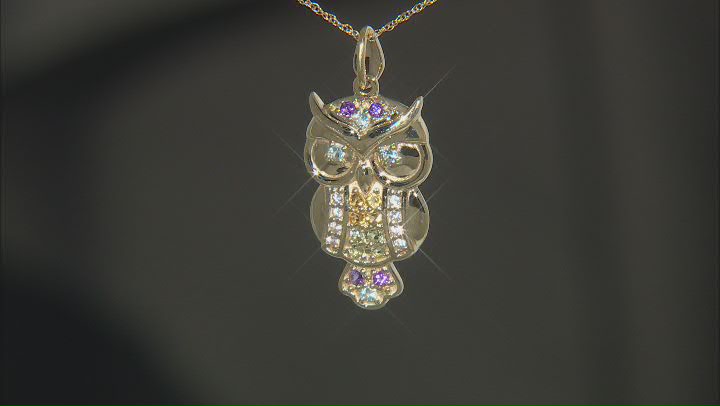 Multi Stone Multi Color 10K Yellow Gold Owl Pendant With Chain 0.29ctw Video Thumbnail
