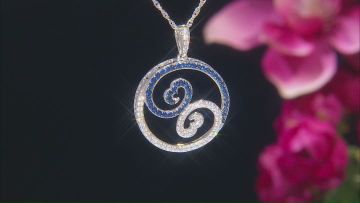 White Cubic Zirconia & Blue Lab Sapphire Rhodium Over Sterling Silver Pendant 1.50ctw Video Thumbnail