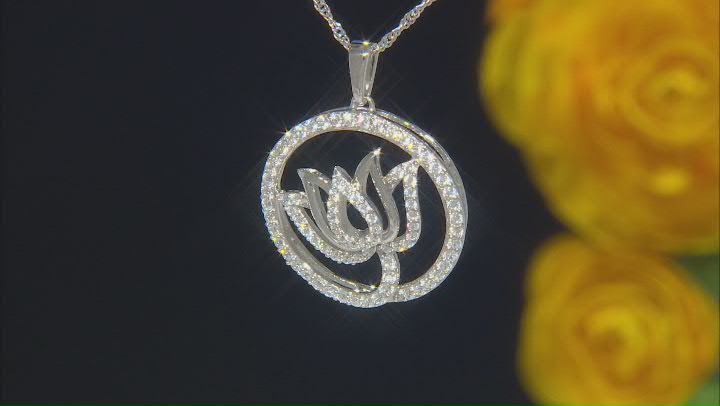 White Cubic Zirconia Rhodium Over Sterling Silver Lotus Pendant With Chain 2.00ctw Video Thumbnail
