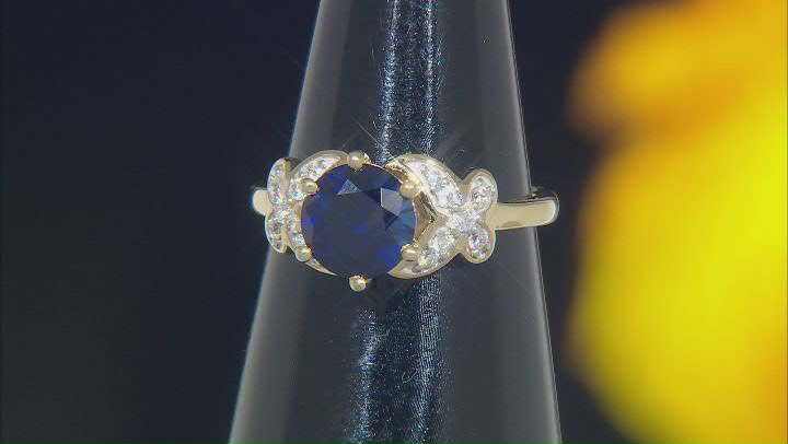 Lab Blue Sapphire & White Cubic Zirconia 14k Yellow Gold Over Sterling Silver Butterfly Ring 2.75ctw Video Thumbnail