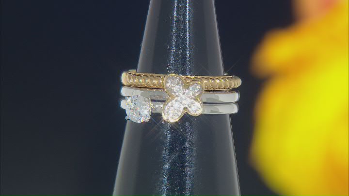 White Cubic Zirconia Rhodium & 14k Yellow Gold Over Sterling Silver Set Of 3 Stackable Rings 1.10ctw Video Thumbnail
