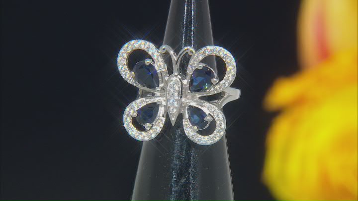 Lab Blue Sapphire & White Cubic Zirconia Rhodium Over Sterling Silver Butterfly Ring 3.80ctw Video Thumbnail